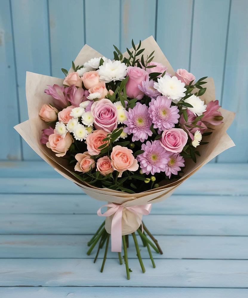 Букет цветов из: Хризантемы, Розы и Альстромерии в Бирске