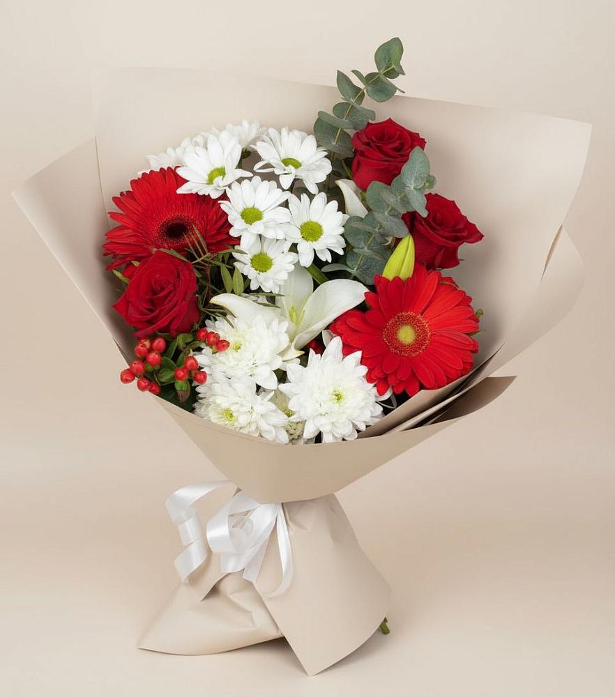 Букет цветов из: Розы, Хризантемы, Герберы и Лилии в Бирске