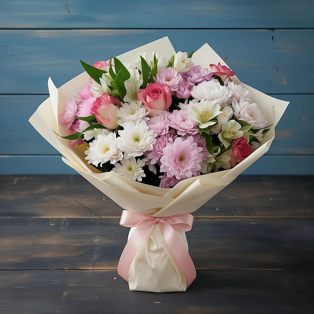 Букет цветов из: Хризантемы, Альстромерии и Розы в Бирске